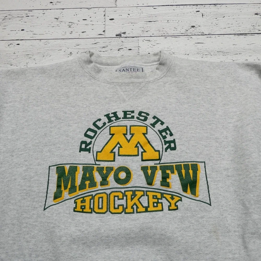 Vintage Rochester Mayo VFW Sweater Mens Large‎ Gray Hockey Crewneck Made USA 90s